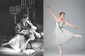Mona Vangsaae as Juliet with Henning Kronstam as Romeo, in Edinburgh in 1955 and Tara Schaufuss, her grandaughter, who will dance the role in 2025 at the Fringe.