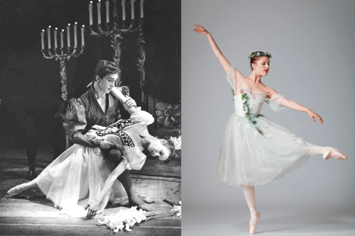 Mona Vangsaae as Juliet with Henning Kronstam as Romeo, in Edinburgh in 1955 and Tara Schaufuss, her grandaughter, who will dance the role in 2025 at the Fringe.