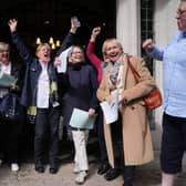 Campaigners for For Women Scotland, including former SNP MP Jo Cherry (second from left), celebrate outside the Supreme Court in London. Picture: Lucy North/PA Wire 