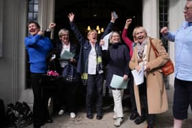Campaigners for For Women Scotland, including former SNP MP Jo Cherry (second from left), celebrate outside the Supreme Court in London. Picture: Lucy North/PA Wire 
