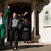Susan Smith (L) and Marion Calder, directors of For Women Scotland, cheer as they leave the Supreme Court in London. Picture: Dan Kitwood/Getty Images