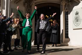 Susan Smith (L) and Marion Calder, directors of For Women Scotland, cheer as they leave the Supreme Court in London. Picture: Dan Kitwood/Getty Images