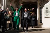 Susan Smith (L) and Marion Calder, directors of For Women Scotland, cheer as they leave the Supreme Court in London. Picture: Dan Kitwood/Getty Images