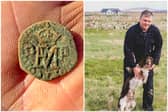 Donald MacPhee, a crofter and keen metal detectorist from Benbecula with his dog, Fergus, and the Mary Queen of Scots coin he found on his croft recently 
