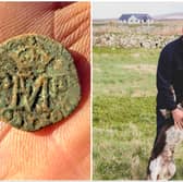 Donald MacPhee, a crofter and keen metal detectorist from Benbecula with his dog, Fergus, and the Mary Queen of Scots coin he found on his croft recently 