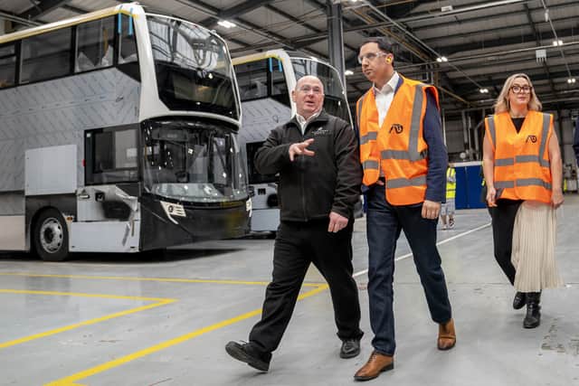 Scottish Labour leader Anas Sarwar is shown around the Alexander Dennis factory in Larbert.