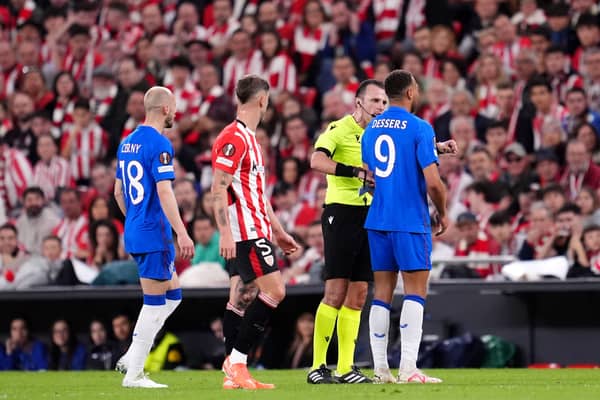 Rangers striker Cyriel Dessers is booked against Bilbao.