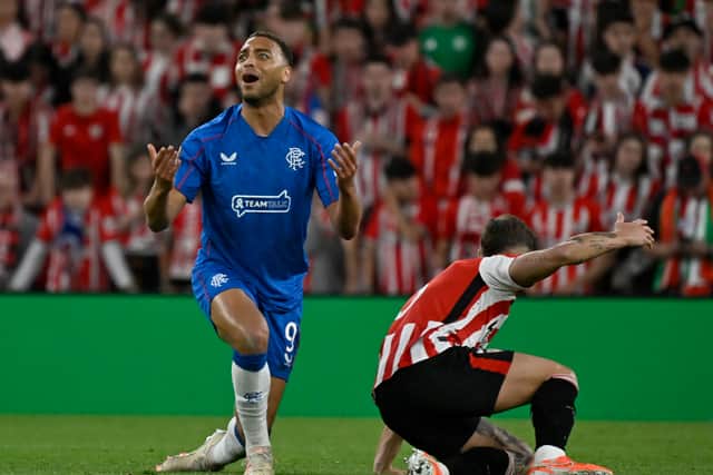Cyriel Dessers could not believe Rangers were not awarded a penalty kick in Bilbao.