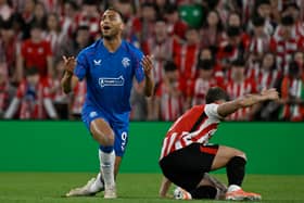 Cyriel Dessers could not believe Rangers were not awarded a penalty kick in Bilbao.