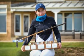 Grace Crawford poses with the trophy after her 2022 win in the Helen Holm Scottish Women's Open at Royal Troon 