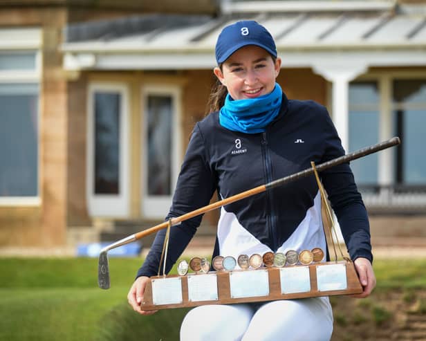 Grace Crawford poses with the trophy after her 2022 win in the Helen Holm Scottish Women's Open at Royal Troon 