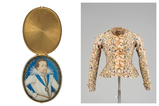 This miniature portrait of James VI features in the exhibition along with this waistcoat, which reflects the decadence enjoyed in Royal circles during his reign. The garment, which is embroidered in silk and metal thread and finished with pink bows, dates to 1610. PIC: Collection of the Buchanan Society/Fashion Museum Bath.
