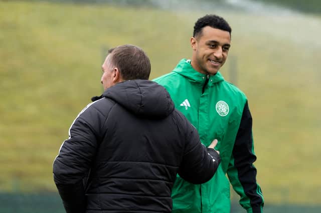 Celtic manager Brendan Rodgers with striker Adam Idah at training on Friday