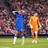 Rangers' Cyriel Dessers reacts to a missed chance during the UEFA Europa League quarter-final, second leg match at the Estadio de San Mames in Bilbao, Spain. Cr: PA.