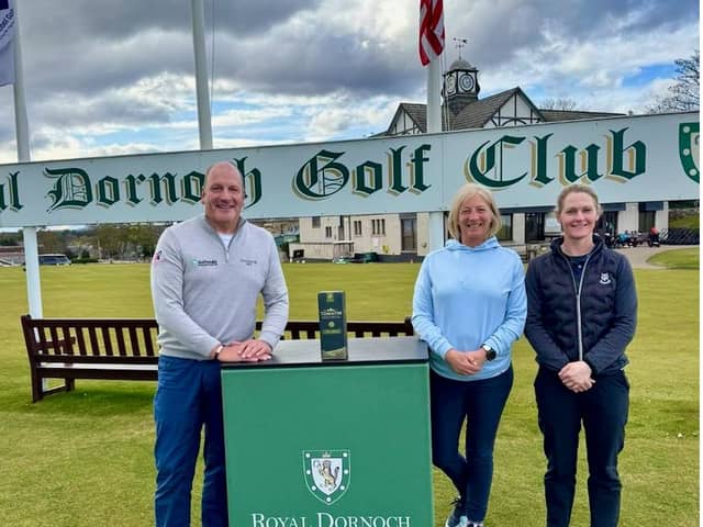 Scottish Women’s Amateur Tour founder Alan Tait with Ailsa Cackett (Broomieknowe) and Cori Lee (Dumfries & Galloway) after their respective wins at Royal Dornoch