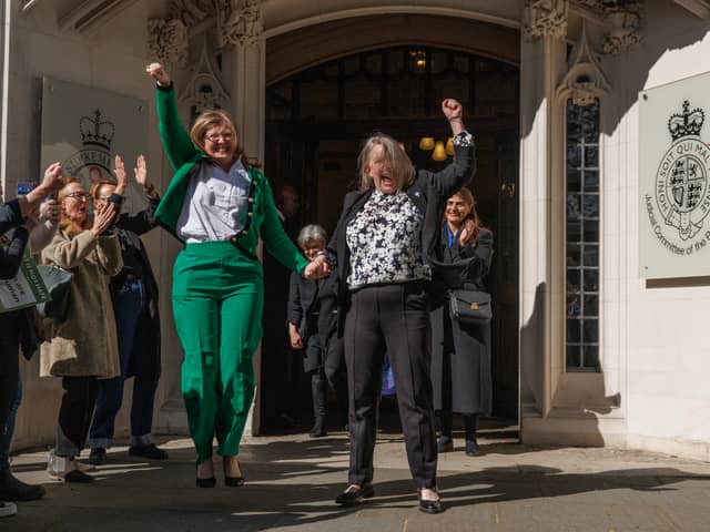 Susan Smith, left, and Marion Calder, directors of campaign group For Women Scotland cheer after the Supreme Court ruled "the terms 'woman' and 'sex' in the Equality Act 2010 refer to a biological woman and biological sex" (Picture: Dan Kitwood)