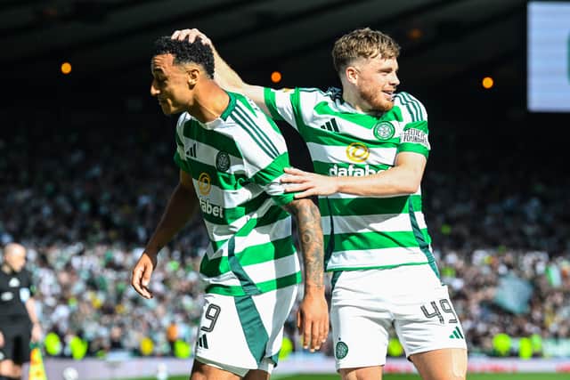 Celtic's Adam Idah (L) celebrates scoring to make it 3-0 with James Forrest during a Scottish Cup semi final win over St Johnstone.