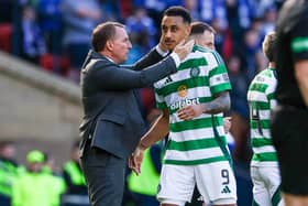 Celtic's Adam Idah is congratulated by Brendan Rodgers after his performance in the 5-0 win over St Johnstone in the Scottish Cup semi-final. Cr: SNS Group.