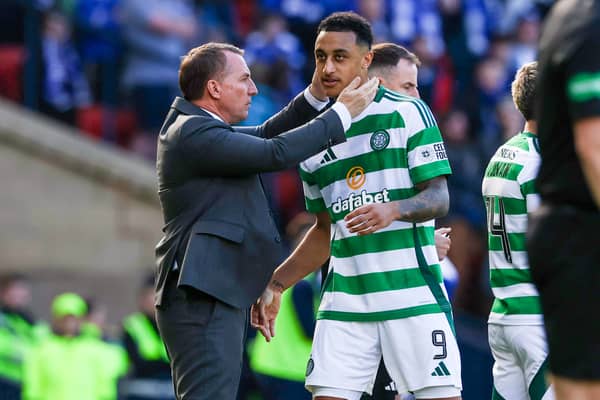 Celtic's Adam Idah is congratulated by Brendan Rodgers after his performance in the 5-0 win over St Johnstone in the Scottish Cup semi-final. Cr: SNS Group.