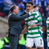 Celtic's Adam Idah is congratulated by Brendan Rodgers after his performance in the 5-0 win over St Johnstone in the Scottish Cup semi-final. Cr: SNS Group.