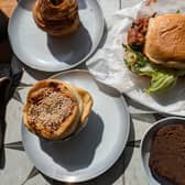 The cinnamon bun, lunchtime meatball bap, veggie pie and ginger cake slice from Beefcake Cafe