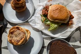 The cinnamon bun, lunchtime meatball bap, veggie pie and ginger cake slice from Beefcake Cafe