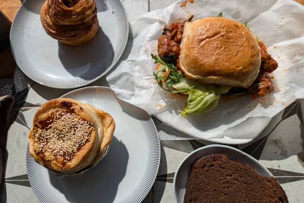 The cinnamon bun, lunchtime meatball bap, veggie pie and ginger cake slice from Beefcake Cafe
