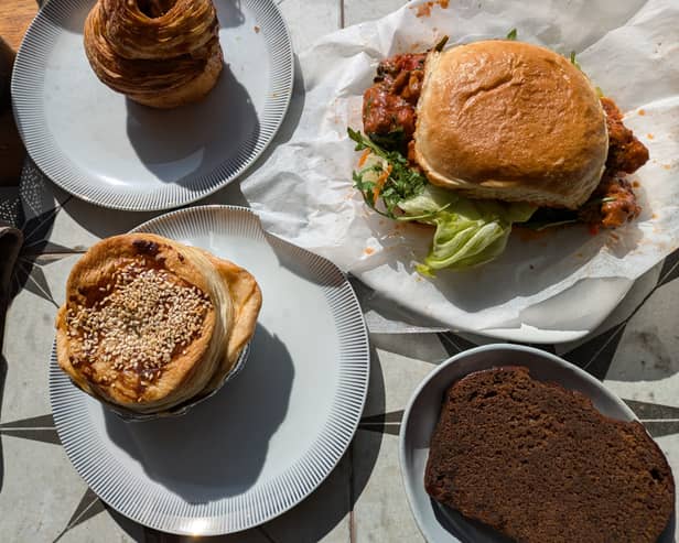 The cinnamon bun, lunchtime meatball bap, veggie pie and ginger cake slice from Beefcake Cafe