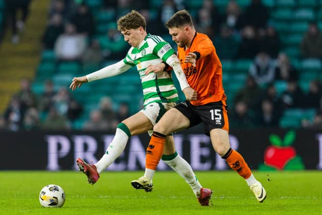 Celtic's Arne Engels (L) and Dundee United's Glenn Middleton in action during a Scottish Premiership match between Celtic and Dundee United earlier this season. Cr: SNS Group.