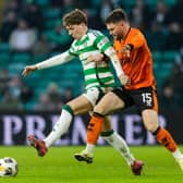 Celtic's Arne Engels (L) and Dundee United's Glenn Middleton in action during a Scottish Premiership match between Celtic and Dundee United earlier this season. Cr: SNS Group.