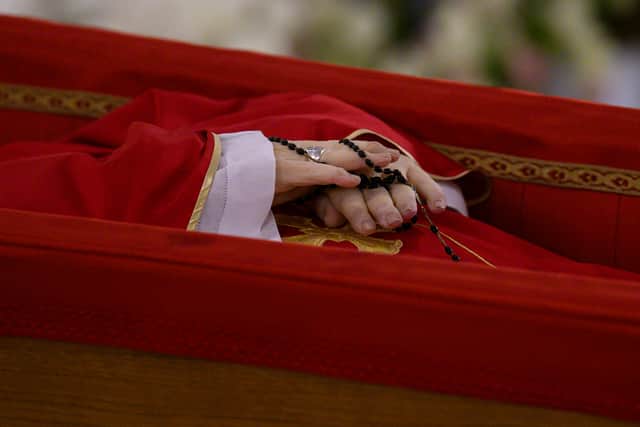 Pope Francis's body is laid out in state inside his private chapel at the Vatican. Picture: Vatican Media via AP