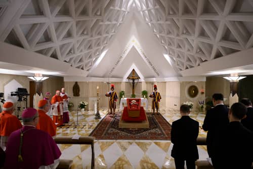Pope Francis's body is laid out in state inside his private chapel at the Vatican. Picture: Vatican Media via AP