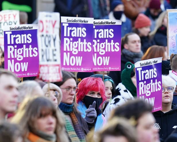 A pro-trans demonstration outside Queen Elizabeth House in Edinburgh.