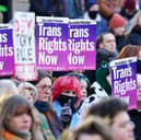 A demonstration for trans rights outside the UK Government Office at Queen Elizabeth House in Edinburgh in 2023
