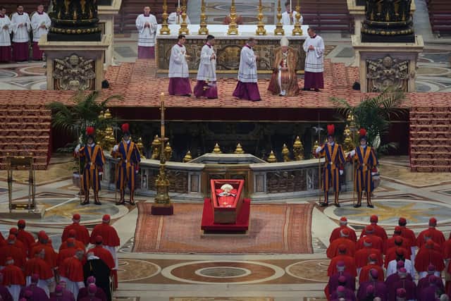 The body of Pope Francis lies inside St. Peter's Basilica at the Vatican. Picture: AP Photo/Andrew Medichini