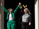 Susan Smith, left, and Marion Calder, directors of For Women Scotland, cheer as they leave the Supreme Court in London following the landmark ruling against the Scottish Government