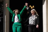 Susan Smith, left, and Marion Calder, directors of For Women Scotland, cheer as they leave the Supreme Court in London following the landmark ruling against the Scottish Government