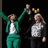 Susan Smith, left, and Marion Calder, directors of For Women Scotland, cheer as they leave the Supreme Court in London following the landmark ruling against the Scottish Government