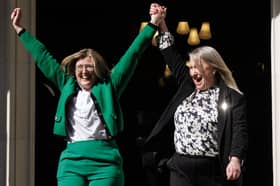 Susan Smith, left, and Marion Calder, directors of For Women Scotland, cheer as they leave the Supreme Court in London following the landmark ruling against the Scottish Government