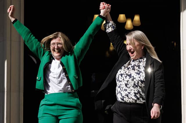 Susan Smith, left, and Marion Calder, directors of For Women Scotland, cheer as they leave the Supreme Court in London following the landmark ruling against the Scottish Government