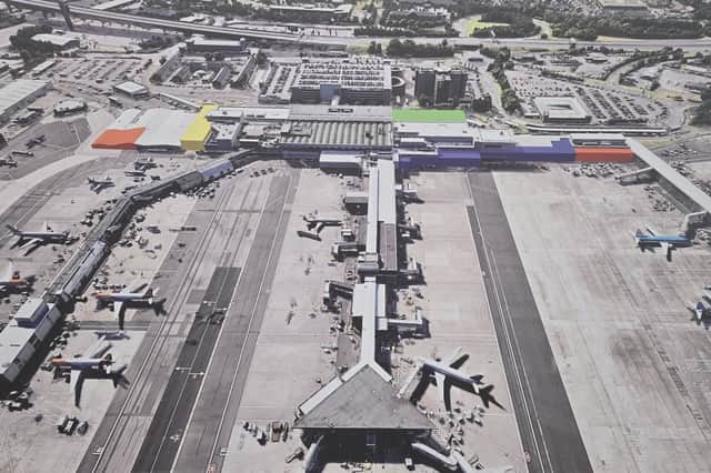 Concept design of possible terminal expansion includes to the check in areas (T2 marked in orange on left and main area in green on right), new connection between T2 and main building (yellow) and airside retail (blue and orange on right)  