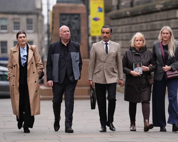 The family of Calum Inglis, including father Alan (second left) mother Jen (second right), sister Frances Marr alongside lawyer Aamer Anwar outside the Crown Office in Edinburgh after meeting Lord Advocate Dorothy Bain KC