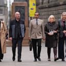The family of Calum Inglis, including father Alan (second left) mother Jen (second right), sister Frances Marr alongside lawyer Aamer Anwar outside the Crown Office in Edinburgh after meeting Lord Advocate Dorothy Bain KC