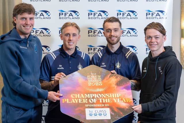From left: PFA Scotland Player of the Year nominees for the SPFL Championship - Robbie Muirhead (Livingston), Calvin Miller (Falkirk), Brad Spencer (Falkirk) and Jay Henderson (Ayr United). 