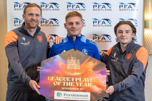 From left: PFA Scotland nominees for SPFL League One Player of the Year - Scott Stewart (Arbroath), Fraser Fyvie (Cove Rangers) and Fraser Taylor (Arbroath). Mitch Megginson (Cove Rangers) not pictured.