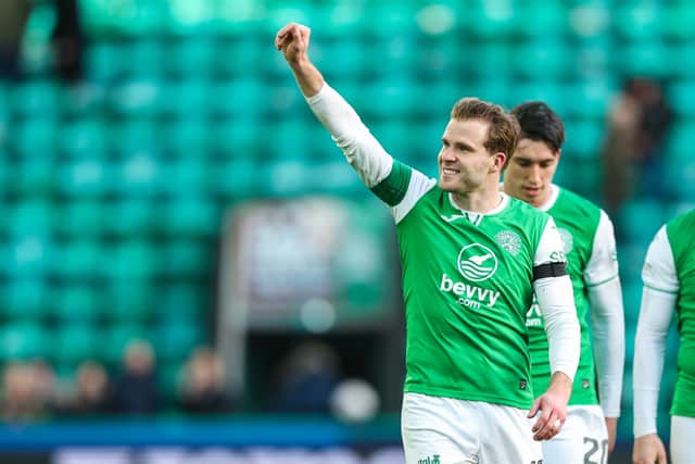 Chris Cadden celebrates after helping Hibs to a recent win over St Johnstone. (Photo by Ewan Bootman / SNS Group)