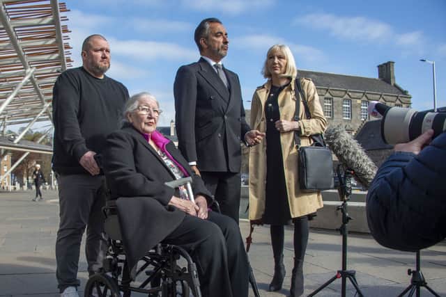 The family of Emma Caldwell prepare to speak outside the Scottish Parliament