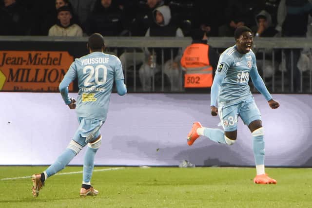 Rumoured Celtic target Moussa Soumano (R) celebrates scoring his first senior goal for AC Ajaccio in a 2-1 win over Angers in Ligue 1 in February, 2023. (Photo by JEAN-FRANCOIS MONIER/AFP via Getty Images)