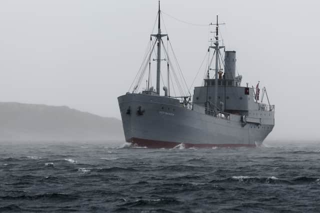 Merchant ship D/S Hestmanden which formed part of the flotilla of "Shetland Bus" vessels used for secret operations during the Second World War .
It will cross the North Sea from  Norway to Scotland to remember the unsung heroes of the crossings as part of VE Day commemorations next month. The fishing boats and merchant ship were used to smuggle special forces soldiers and secret agents from Shetland to Nazi-occupied Norway. PIC:  Hilfred Mikalsen/PA Wire 

