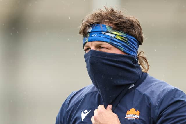 Hamish Watson goes incognito during an Edinburgh Rugby training session at Hive Stadium.
